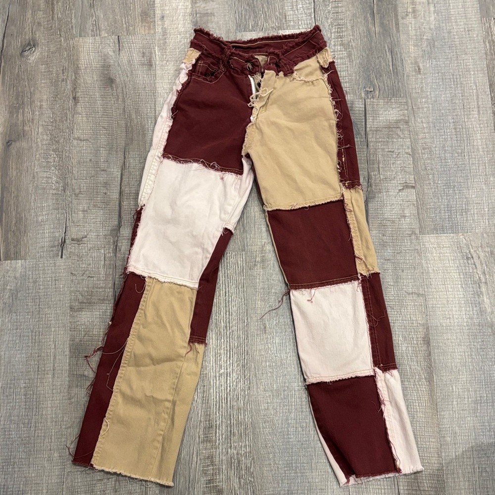 Amazon Women's Straight Leg Patchwork Jeans - Burgundy, Beige, Neutral